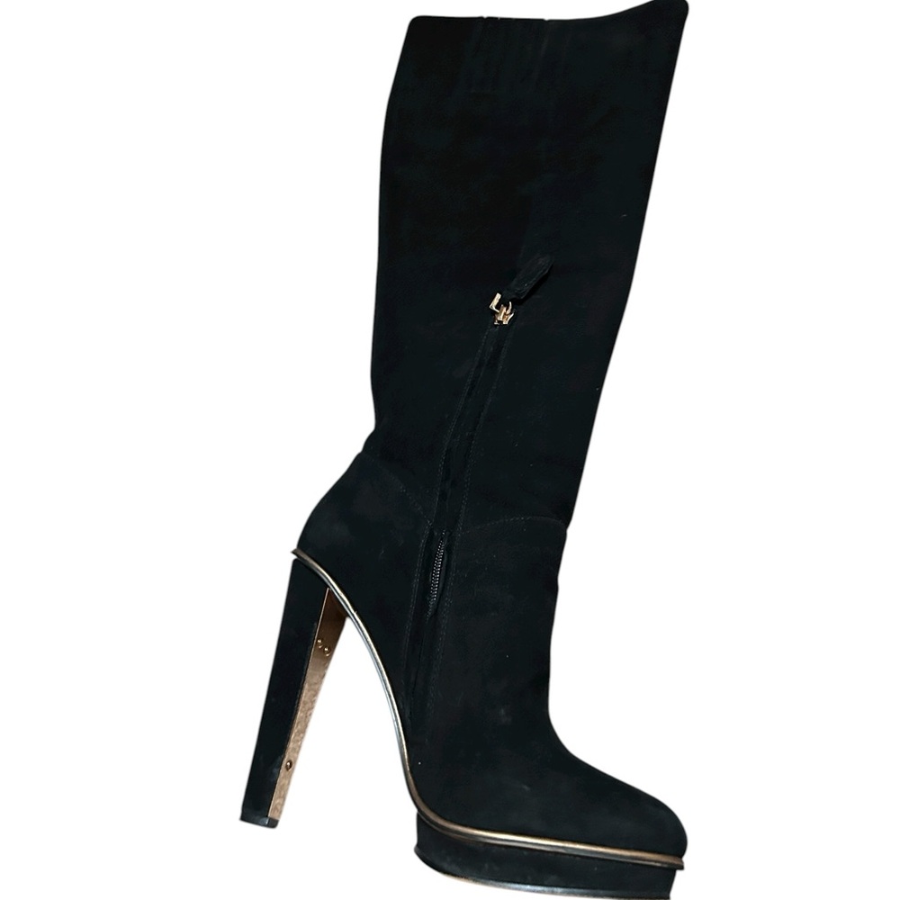 BCBGMaxAzria Elegant Black Suede Heeled Boots Trimmed with Gold Great Preowned - Picture 7 of 14